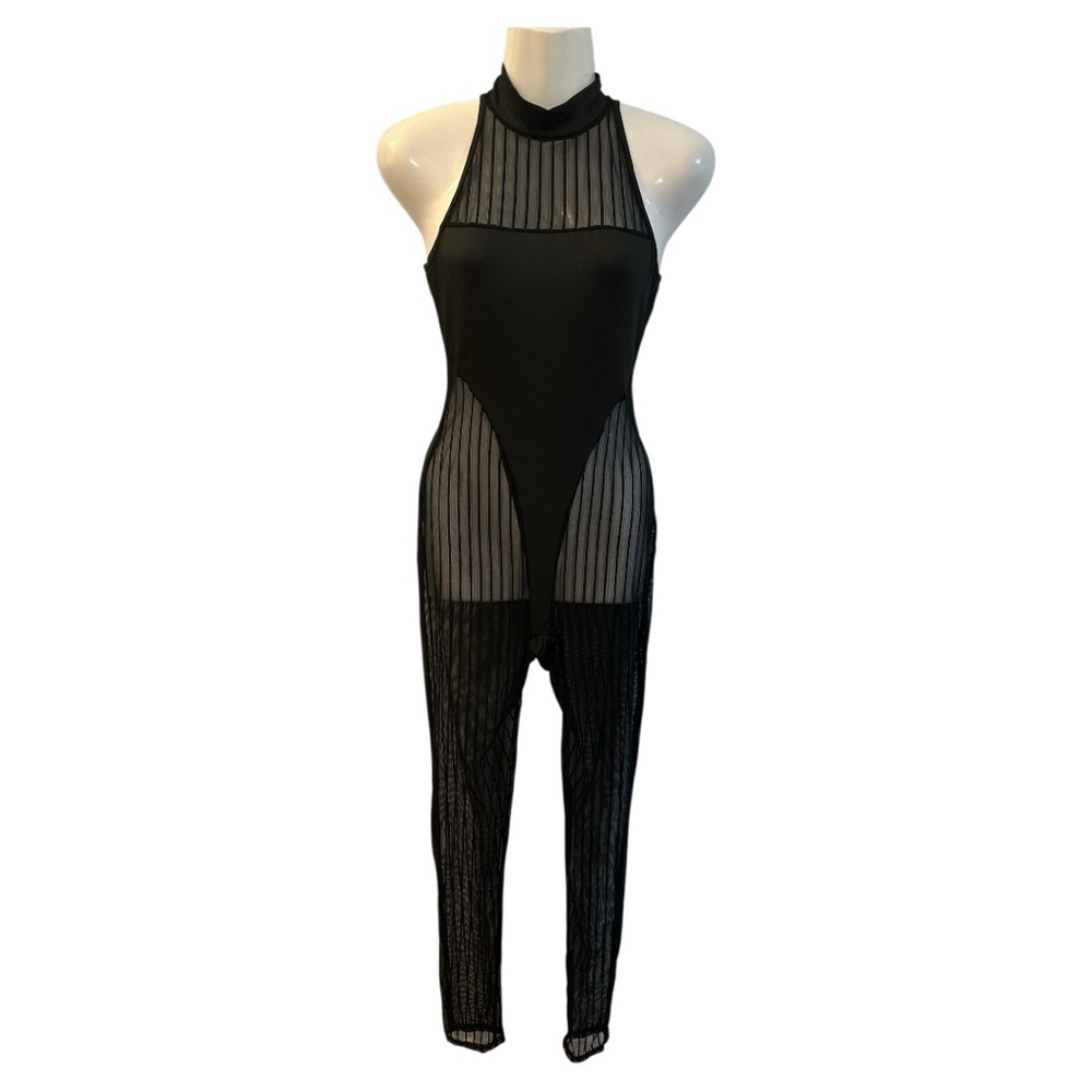 Black Lace Sheer Striped Jumpsuit